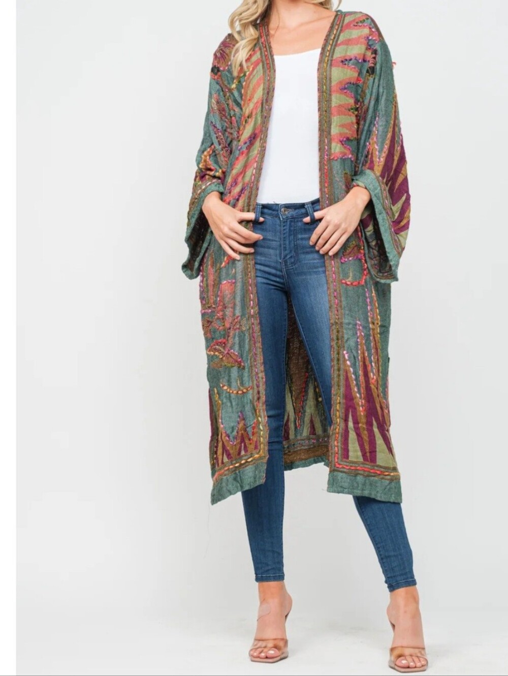 RAJ Meghan Boho Hunter Green Thick Stitch Embroidered Open Front Long Duster
